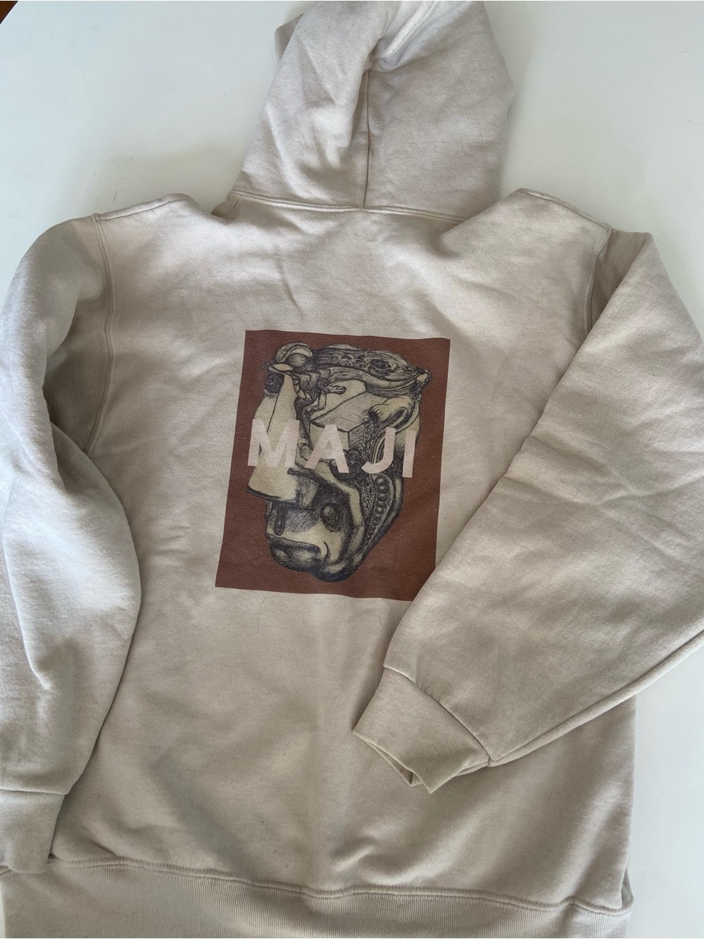 Maji design on Beige Graphic Crewneck Hoodie with Brown Art Panel